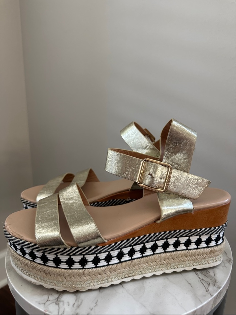 Gold Platform Espadrille Sandals with Buckle Strap- From Greece